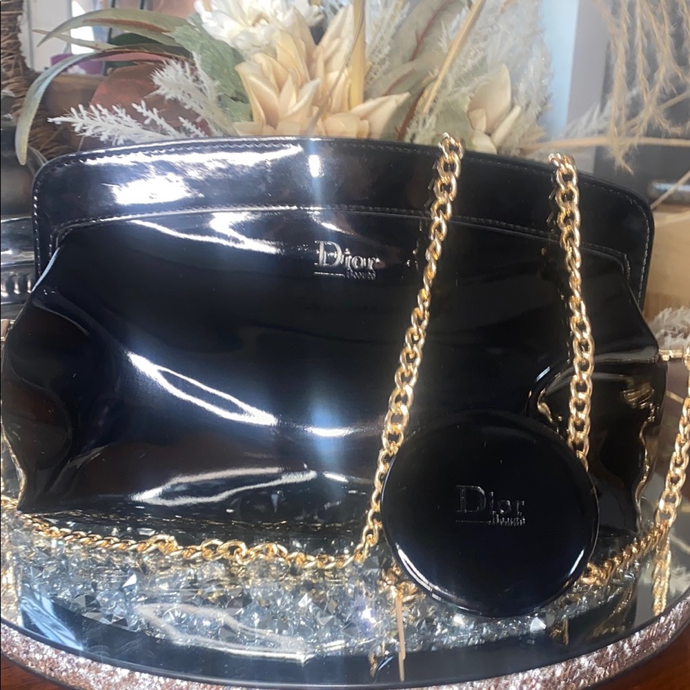 Dior Black and Gold Patent Leather Clutch unbranded Chain Strap and Mirror